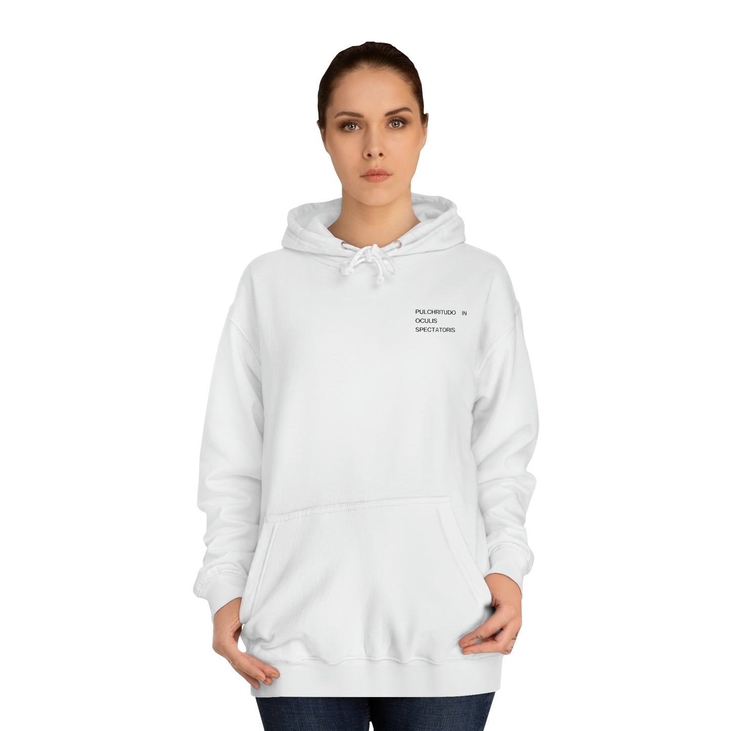 Front graphics of Arctic White Everything Everywhere Hoodie with black text.