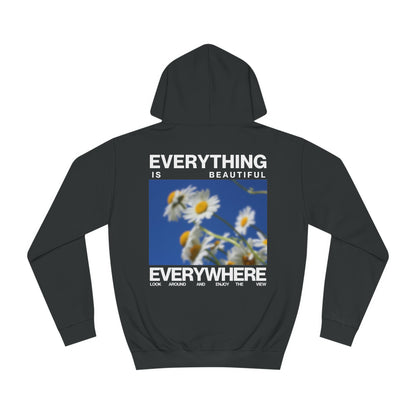 Back of Black Everything Everywhere Hoodie with White graphics