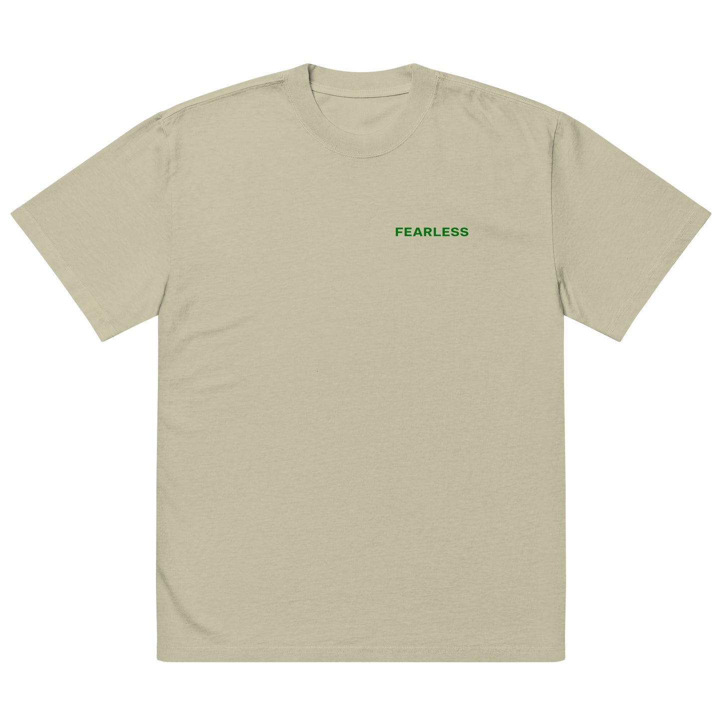 Fearless shirt in Eucalyptus with green graphics that state "fearless" on the left chest area