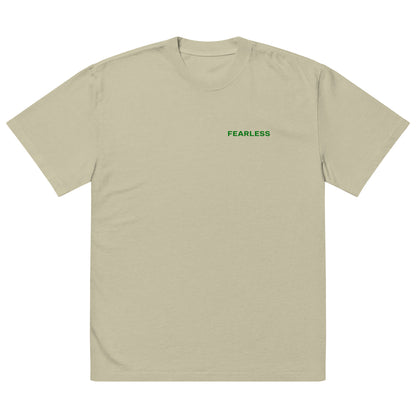 Fearless shirt in Eucalyptus with green graphics that state "fearless" on the left chest area