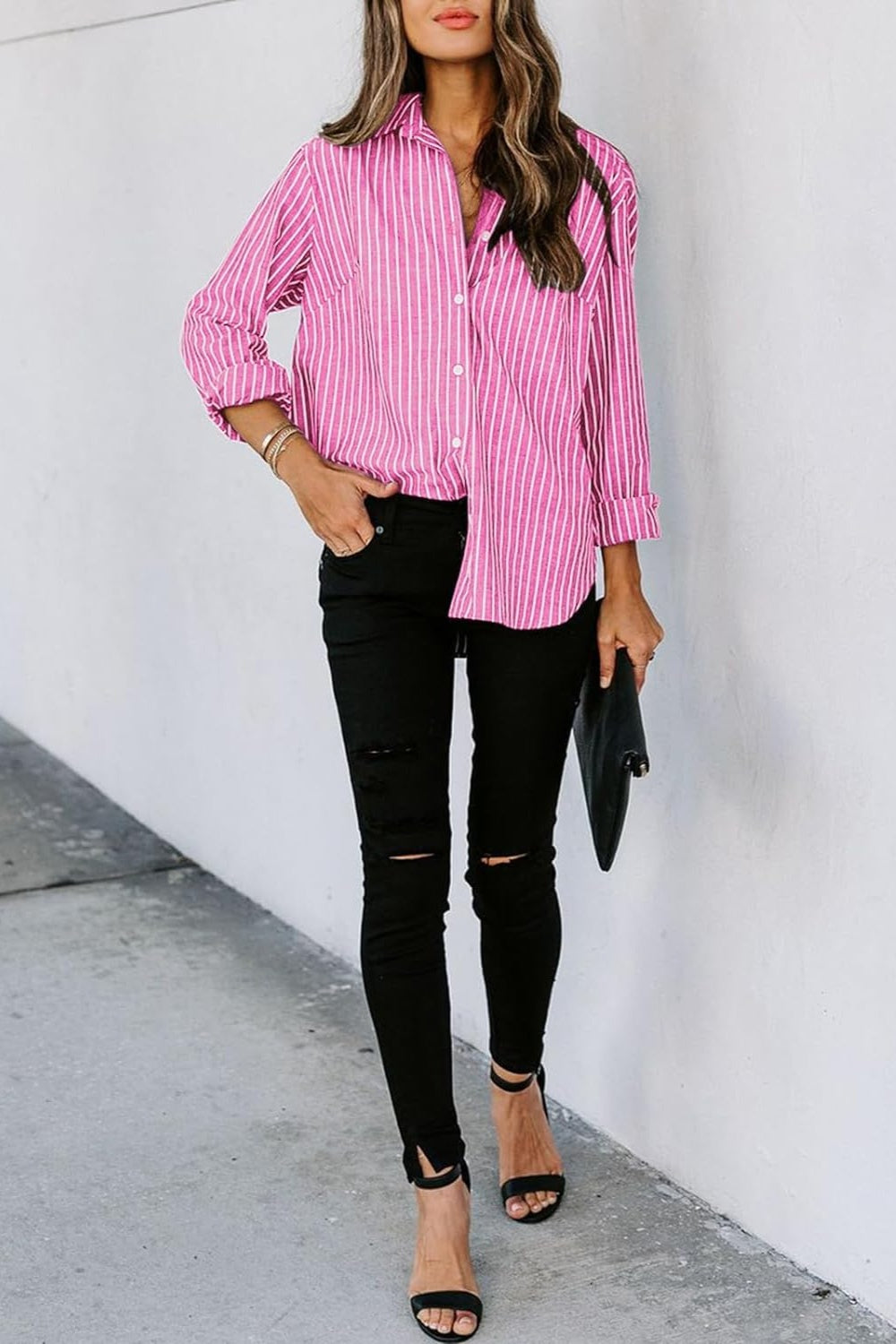 Pink and White Striped Collared Shirt