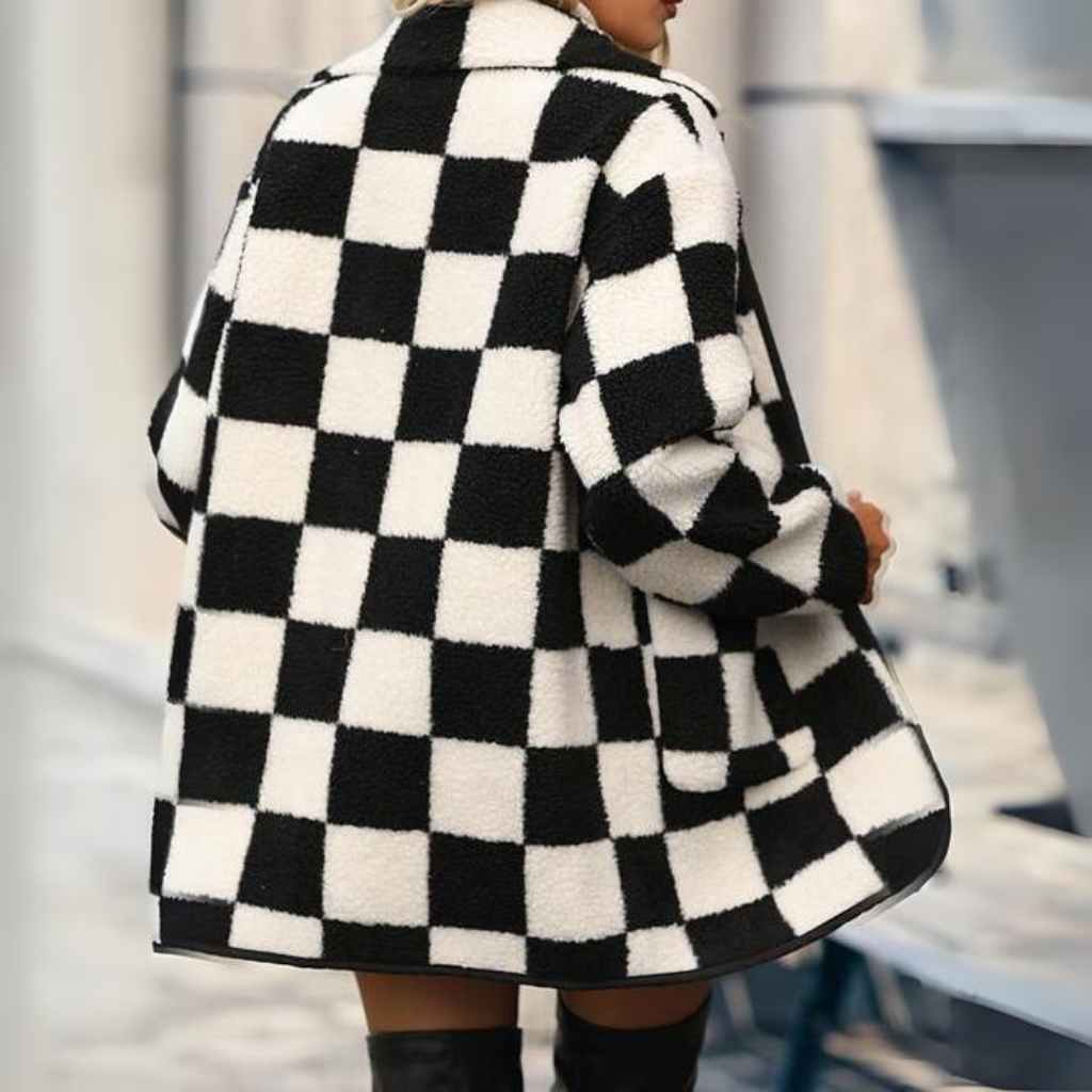 Back of Black and White Checkered Fleece Coat. women fashion