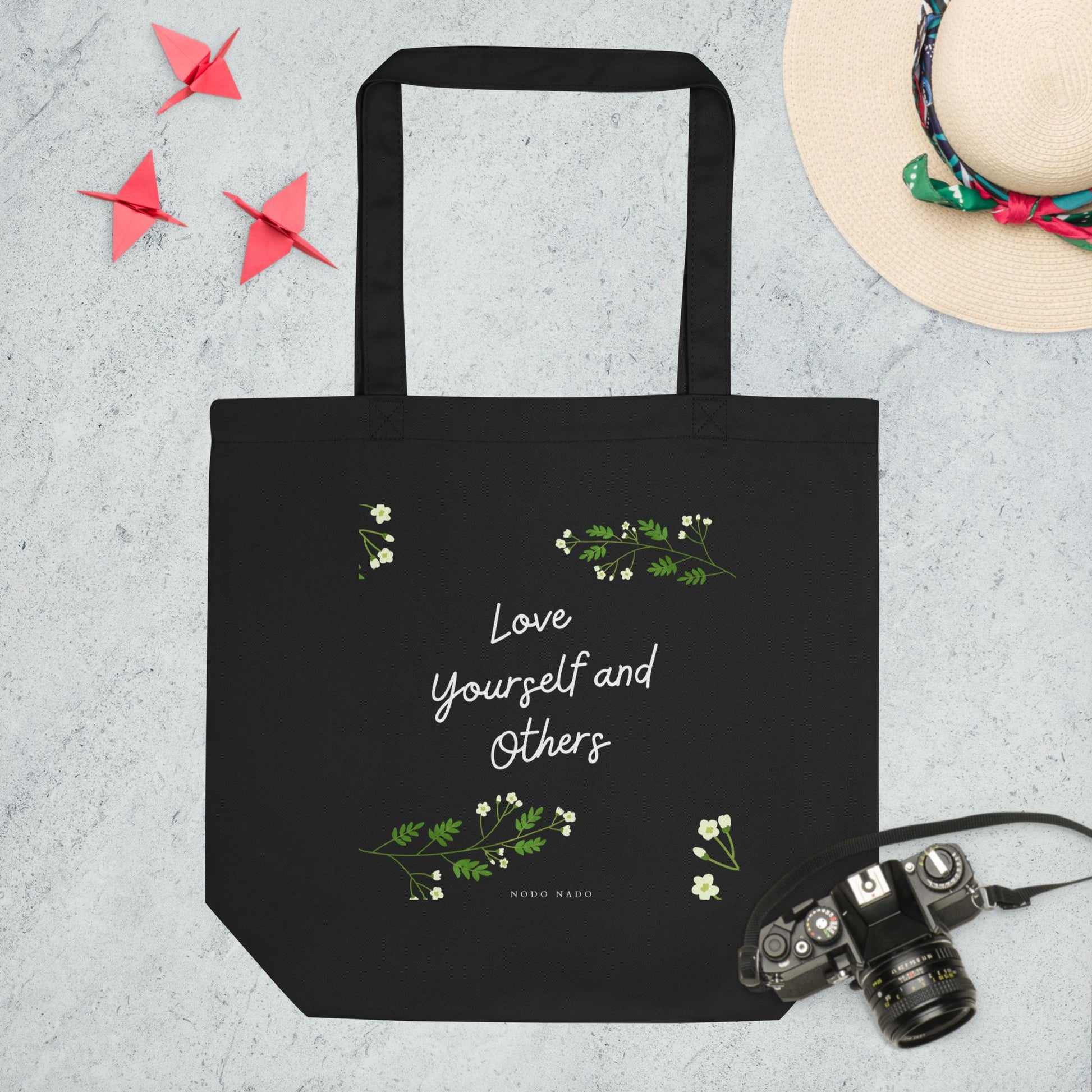 Love Yourself and Others Black Eco Tote Bag With printed floral graphics