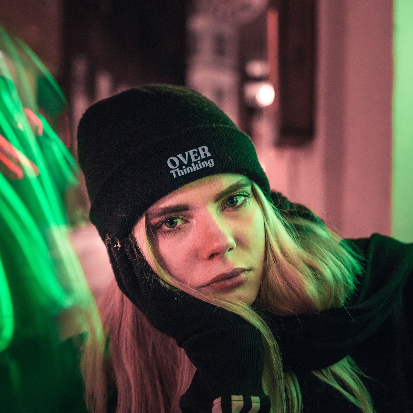 black overthinking beanie