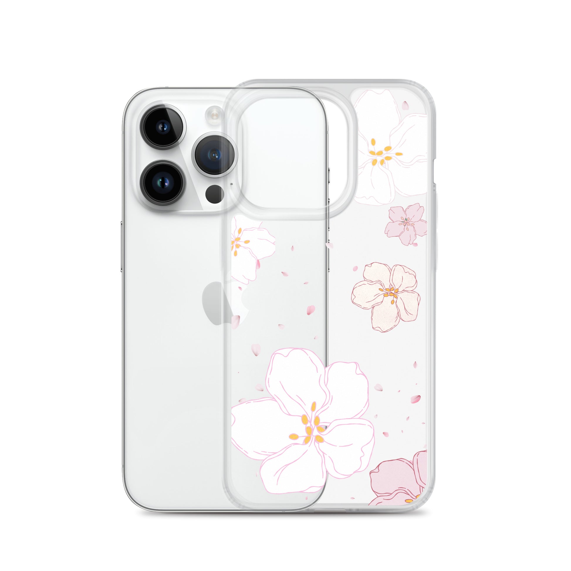 White iPhone 14 Pro with Cherry Blossom Clear Case